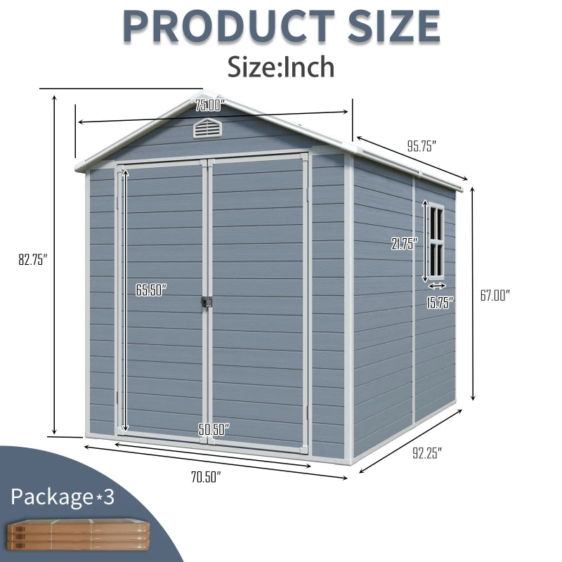 Resin Outdoor Storage Shed Kit with Pad-Lockable Double Doors, Outbuilding for Garden Hobbyists, 75'' L x 95.5'' W x 82.5'' H, Gray