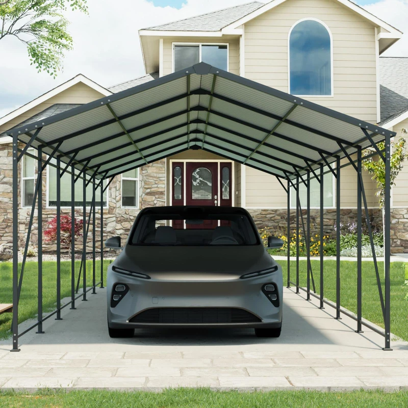 Heavy Duty Metal Carport with Galvanized Steel Roof and Frame, Large Garage with 4 Fixed Supports, 142" L x 379.5" W x 106" H, Charcoal