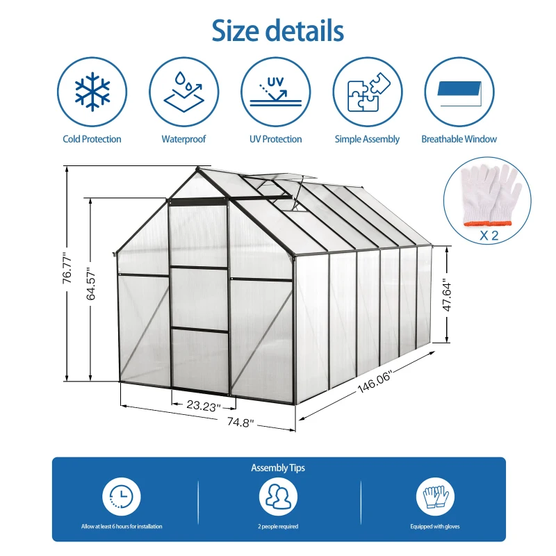 Polycarbonate Walk-in Greenhouse with Sliding Door and Adjustable Roof, Heavy Duty Aluminum Hothouse for Plant, 75" L x 146" W x 77" H, Black