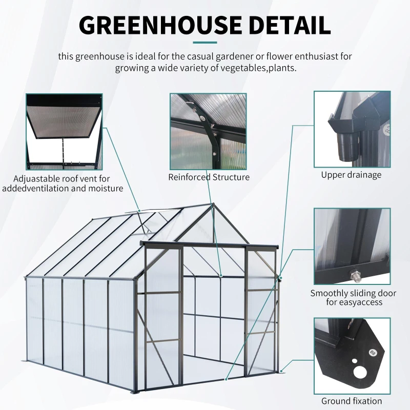 Double Door Polycarbonate Greenhouse with Galvanized Base, Adjustable Roof, Walk-in Hothouse for Backyard, 94.5" L x 121" W x 89.5" H, Black