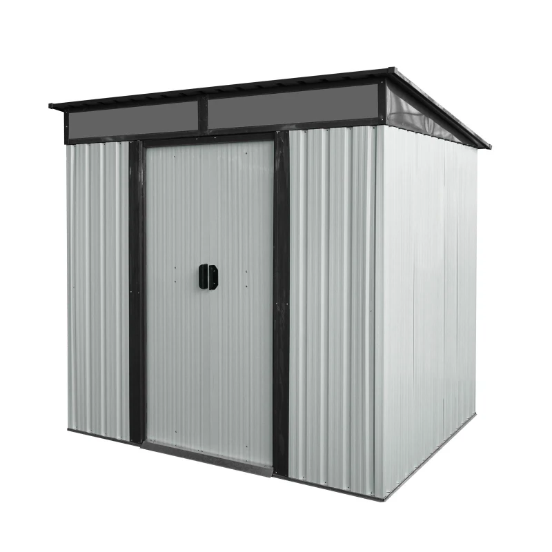 Outdoor Metal Storage Shed with Lockable Sliding Doors, Transparent Panels, Outbuilding for Backyard, 77" L x 59.5" W x 71" H, White+Black