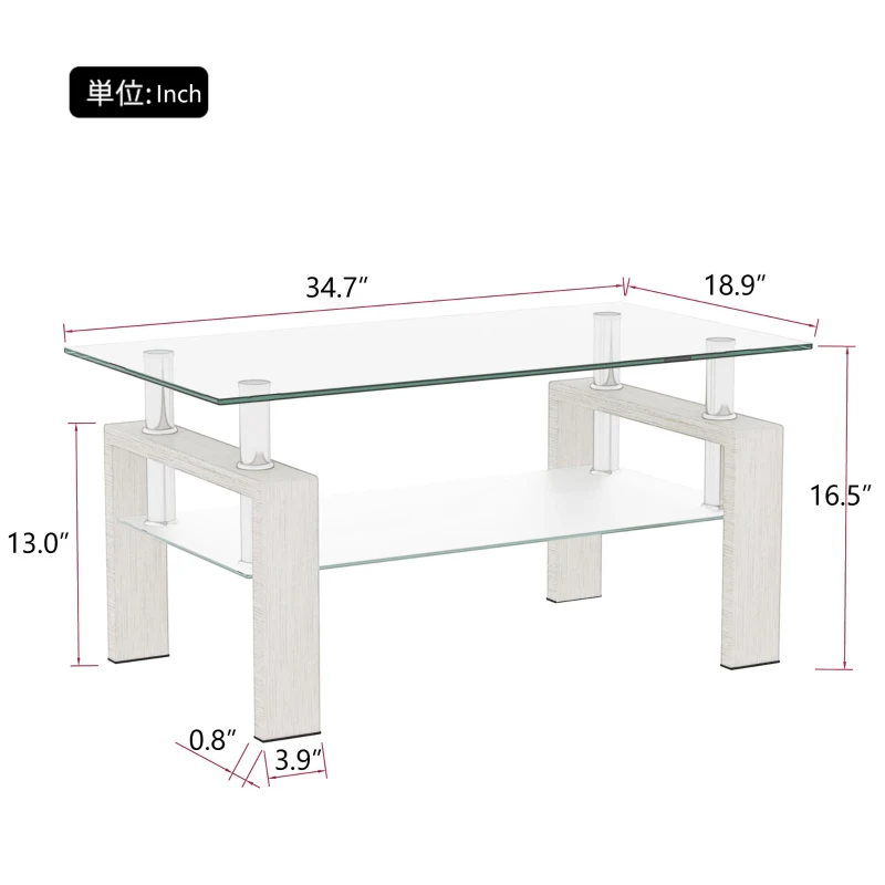 Tempered Glass Coffee Table with Geometric Design, Metal Tubular Legs, Durable Centre Desk for Living Room, 35" L x 19" W x 16.5" H, White