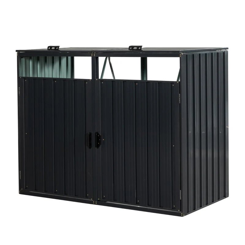 Metal Garbage Bin Shed with Convenient Lid and Springs, Galvanized Steel Outdoor Storage for 2 Trash Cans, 63'' L x 31.5'' W x 48'' H, Charcoal