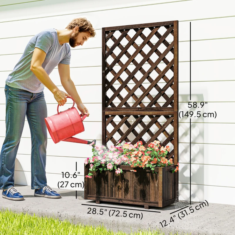 Outsunny 2.4 x 1 x 4.9 ft Garden Wooden Pine Trough Planter with Topped Trellis Climbing Plants Flower Raised Bed, Carbonized