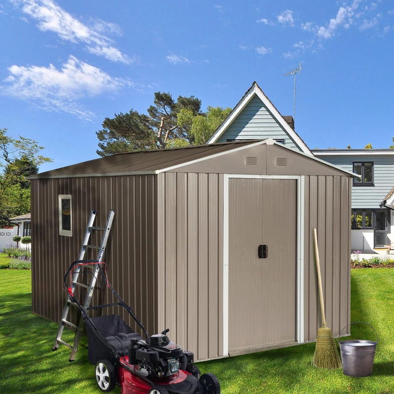 Outdoor Metal Storage Shed with Window and Sliding Doors, Storage Hut with Galvanized Steel Construction, 93'' L x 114.5'' W x 75'' H, Grey