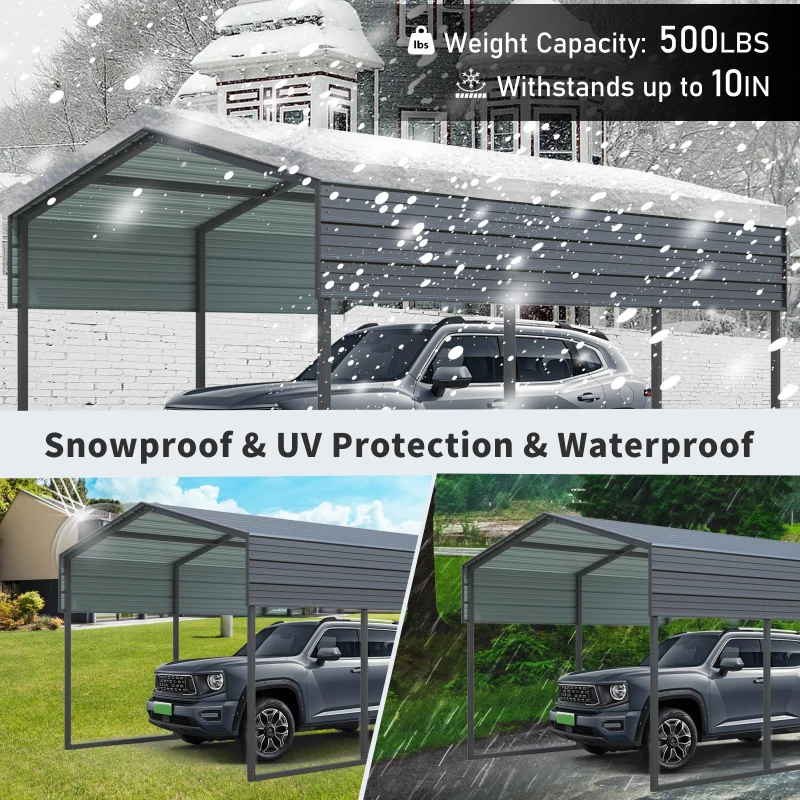 Outdoor Carport with Galvanized Steel Roof and Frame, Heavy Duty Metal Canopy for Driveway, 121'' L x 177.5'' W x 99.5'' H, Charcoal
