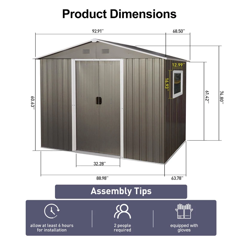 Outdoor Metal Storage Shed with Robust Construction and Sliding Doors, Outbuilding for Garden Hobbyists, 93'' L x 68.5'' W x 75'' H, Grey