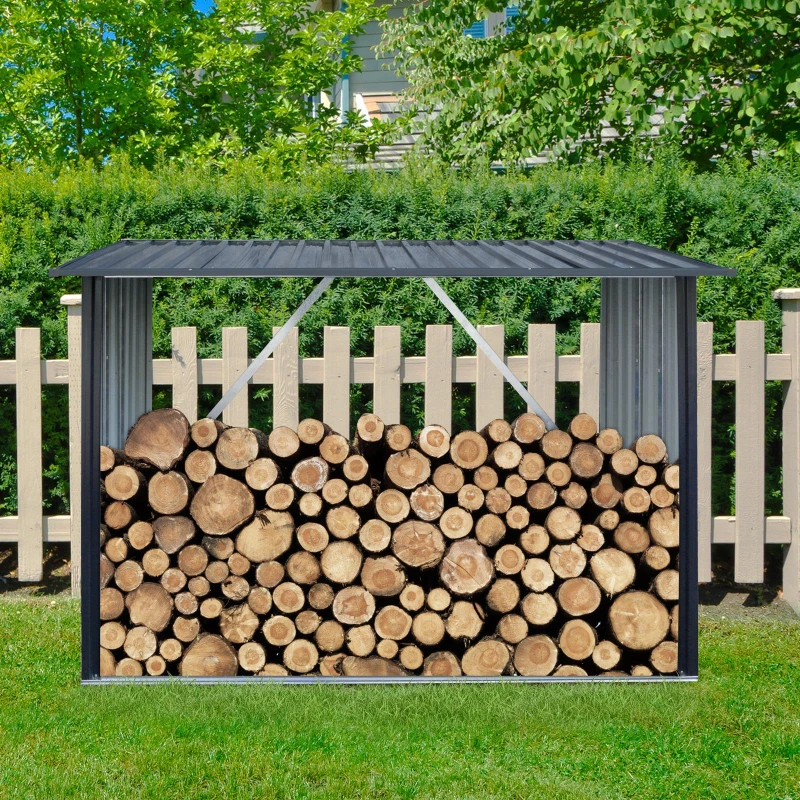 Outdoor Galvanized Steel Firewood Rack with Sloped Roof, Open Wood Shed Perfect for Firewood Storage, 85.5'' L x 35'' W x 60.5'' H, Black