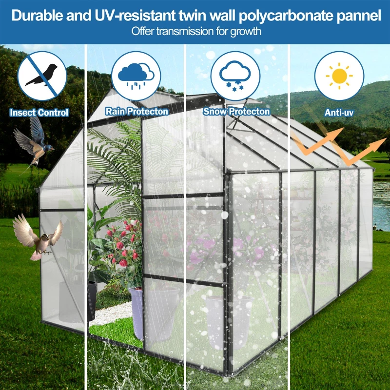 Polycarbonate Walk-in Greenhouse with Galvanized Base and Sliding Door, Heavy Duty Aluminum Hothouse for Plant, 75" L x 122.5" W x 77" H, Black