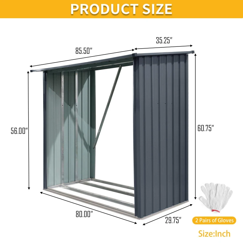 Outdoor Galvanized Steel Firewood Rack with Sloped Roof, Open Wood Shed Perfect for Firewood Storage, 85.5'' L x 35'' W x 60.5'' H, Black
