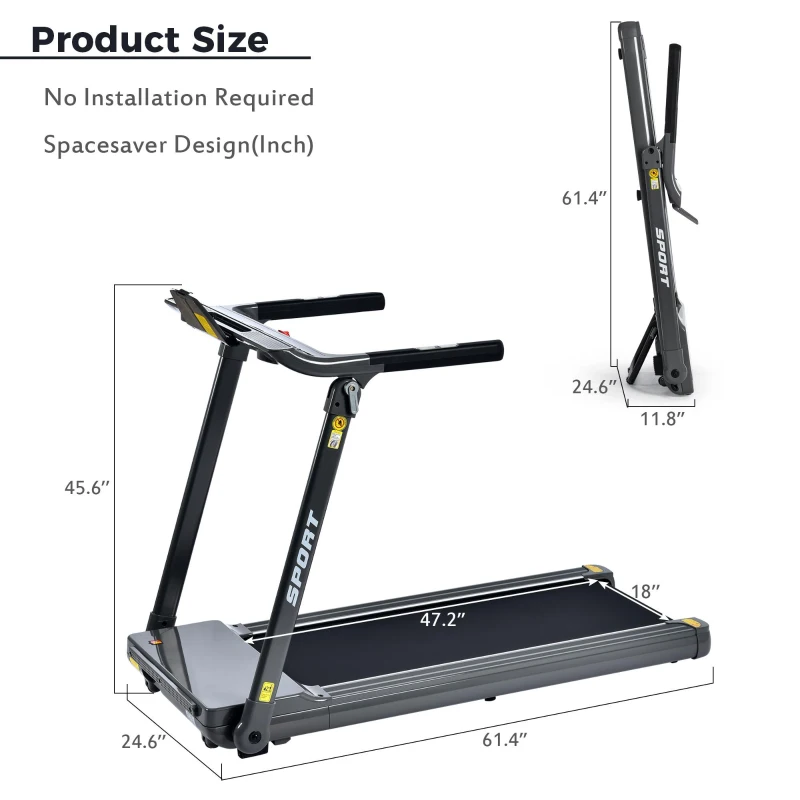 Folding Electric Treadmill with 3.5HP Motor, Multifunctional LED Display, Running Machine for Compact Room, 61.5" L x 24.5" W x 45.5" H, Grey