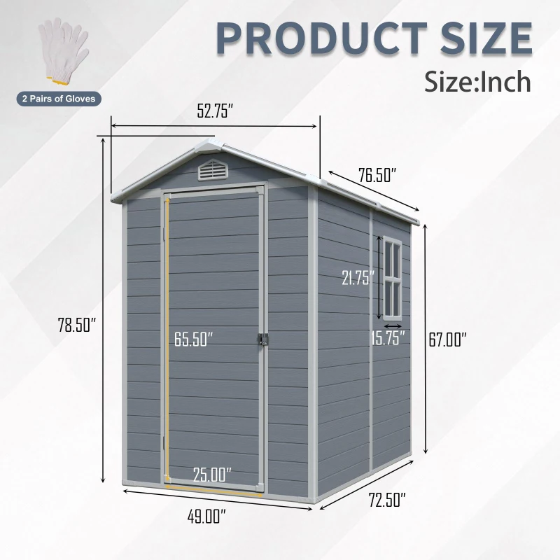 Resin Outdoor Storage Shed Kit with Pad-Lockable Door and Air Vents, Outbuilding for Garden Hobbyists, 52.5'' L x 76.5'' W x 78.5'' H, Grey