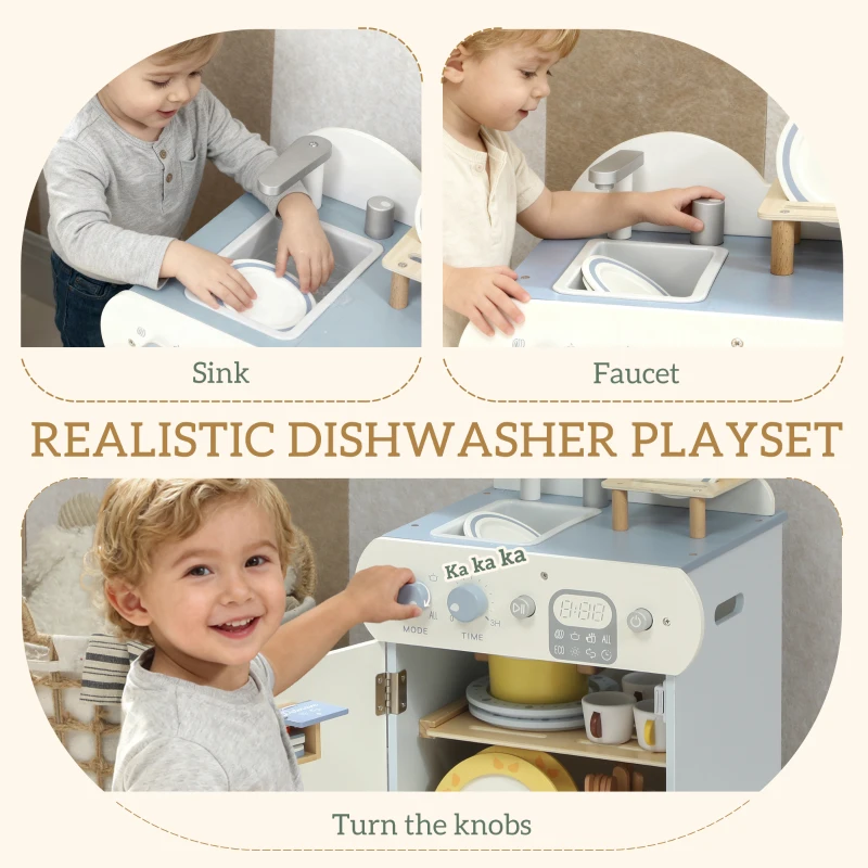 Qaba Wooden Dishwasher Playset, Play Sink Toys with Faucet, Turning Knobs and Accessories, Gift for Boys Girls Toddlers