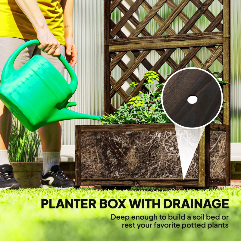 Outsunny Wooden Raised Garden Bed Planting Planter Box with Trellis and Drain Holes for Climbing Vine Plants, Brown