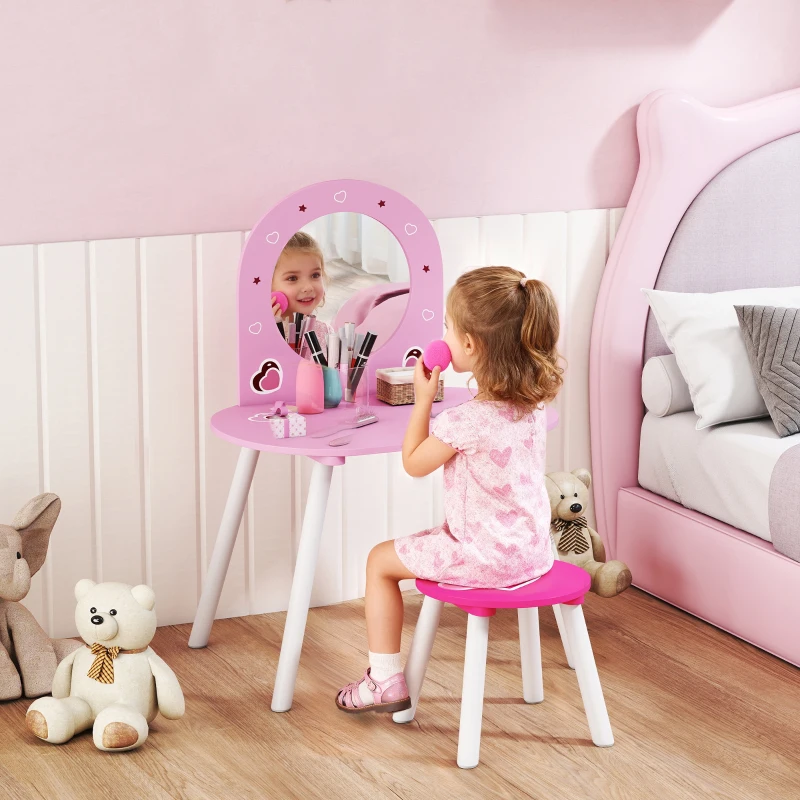 Qaba Kids Dressing Table with Mirror and Stool, Girls Vanity Set for Bedroom, Nursery, for Ages 3-6, Pink
