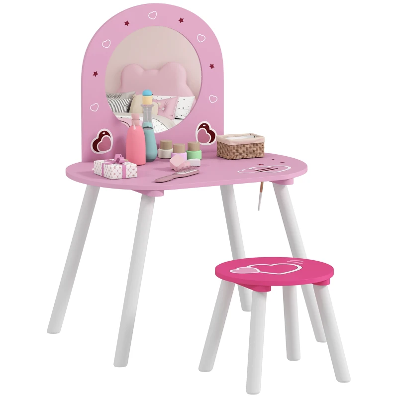 Qaba Kids Dressing Table with Mirror and Stool, Girls Vanity Set for Bedroom, Nursery, for Ages 3-6, Pink