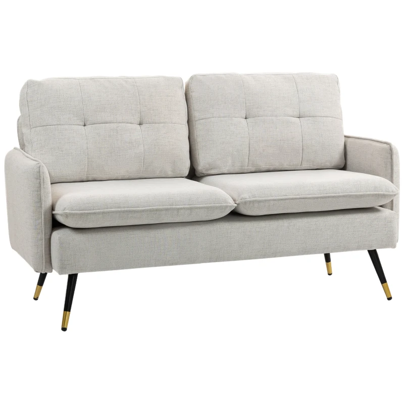 HOMCOM 55" Loveseat Sofa, Linen Love Seat w/ S spring, Steel Legs and Button Tufting, Small Couch for Living Room, Cream White