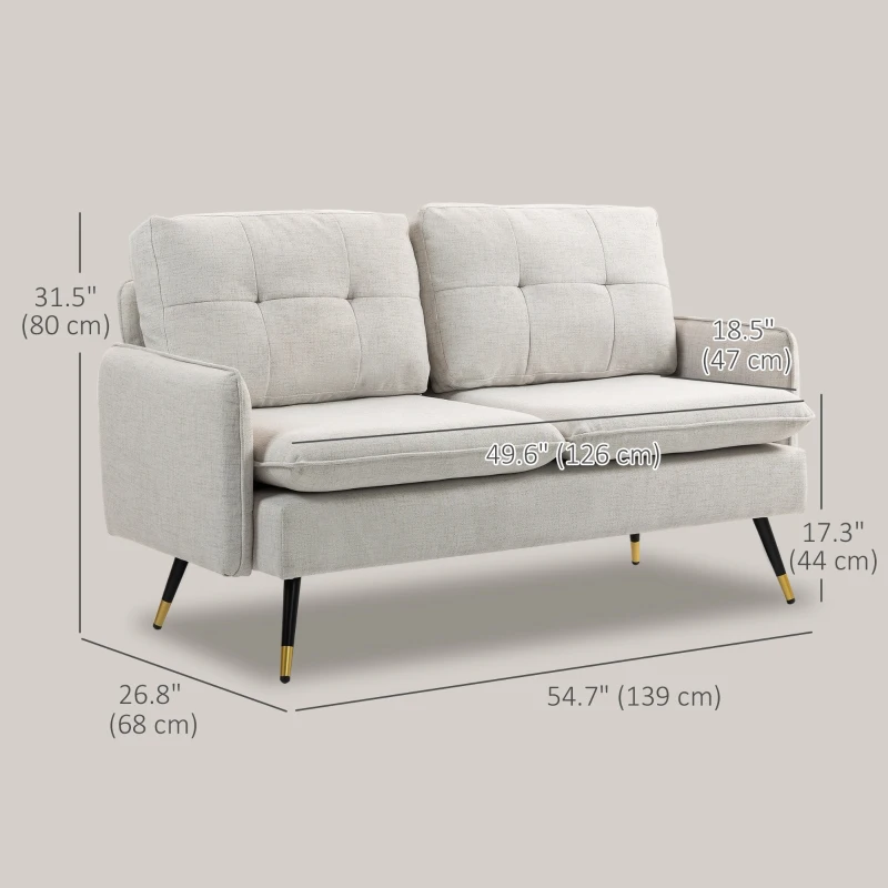 HOMCOM 55" Loveseat Sofa, Linen Love Seat w/ S spring, Steel Legs and Button Tufting, Small Couch for Living Room, Cream White