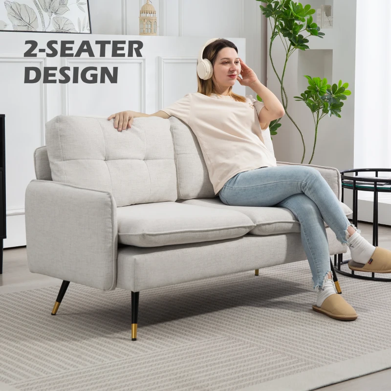 HOMCOM 55" Loveseat Sofa, Linen Love Seat w/ S spring, Steel Legs and Button Tufting, Small Couch for Living Room, Cream White