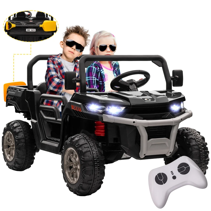 Aosom 12V Ride on Car with Electric Bucket, Two-Seater, Shovel, Remote Control, Spring Suspension, Horn, Music, Black