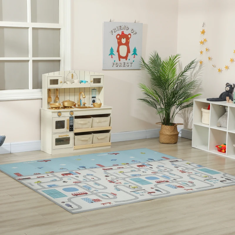 Qaba Foldable Baby Plat Mat, 77" x 58" Kids Floor Mat for Crawling and Learning, Track & Elephant Theme