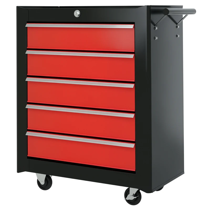 HOMCOM 5 Drawer Roller Tool Chest, Lockable Toolbox, Storage Organizer with Handle for Workshop Mechanics Garage, Black and Red
