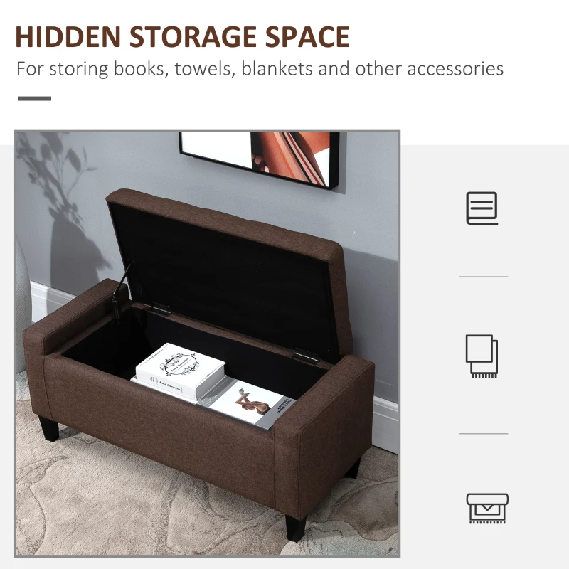 HOMCOM Storage Ottoman Bench, Linen Upholstered Bench with Tufted Design, Brown