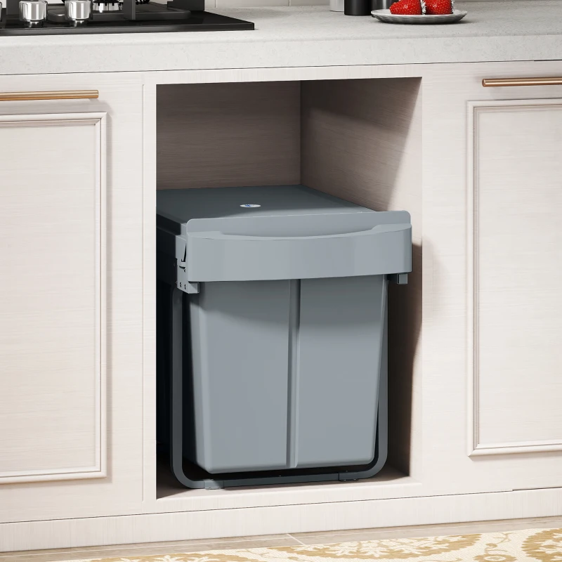 HOMCOM Pull Out Trash Can Under Cabinet, 10.6 Gallon (40L) Slide Out Garbage Can with 2 Removable Compartments, Grey