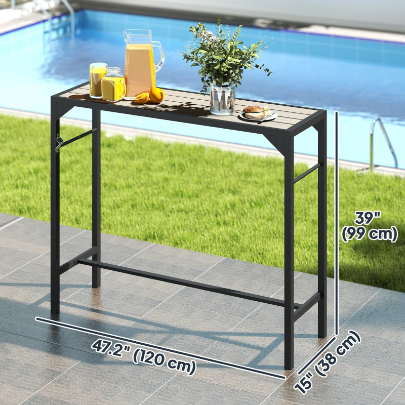 Outsunny Bar Height Outdoor Table with Built-In Bottle Opener, Patio Bar Table with Wood Grain Plastic Top, 47.2" x 15" x 39