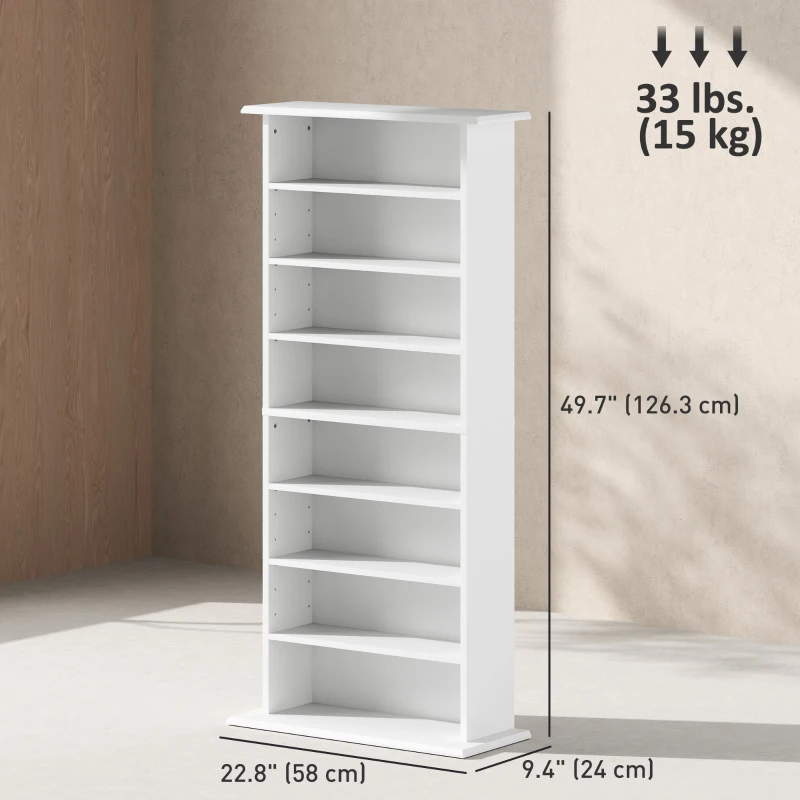 HOMCOM 8-Tier DVD Shelf with 6 Adjustable Shelves, Slim CD Shelf, Holds 360 CDs, 185 DVDs or 185 Blu-rays, White