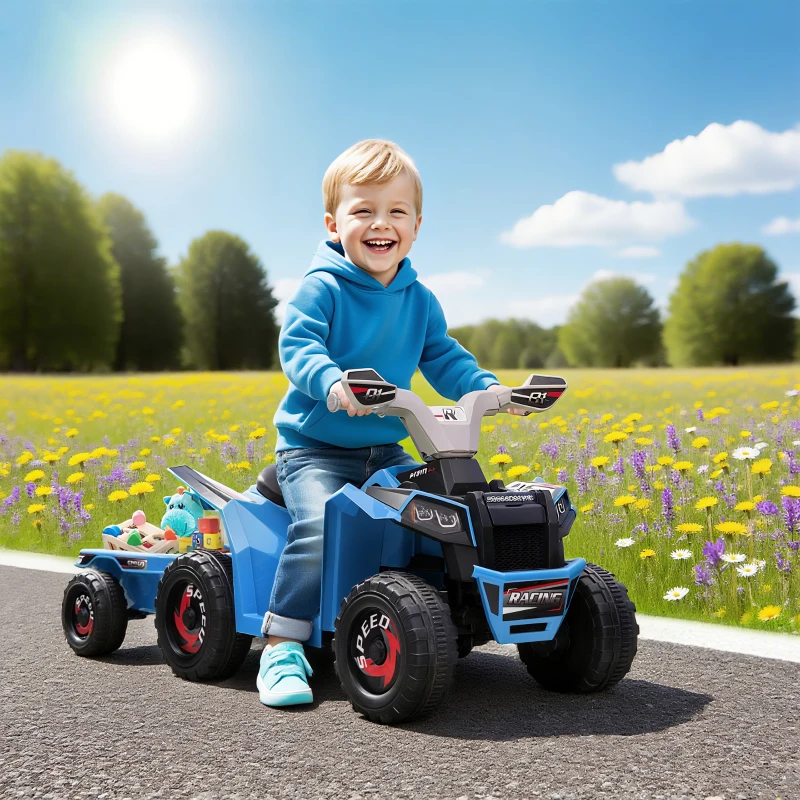 Aosom 6V Kids ATV Quad, Battery Powered Electric Vehicle for Kids with Back Trailer, Wear-resistant Wheels, for Boys and Girls - Blue