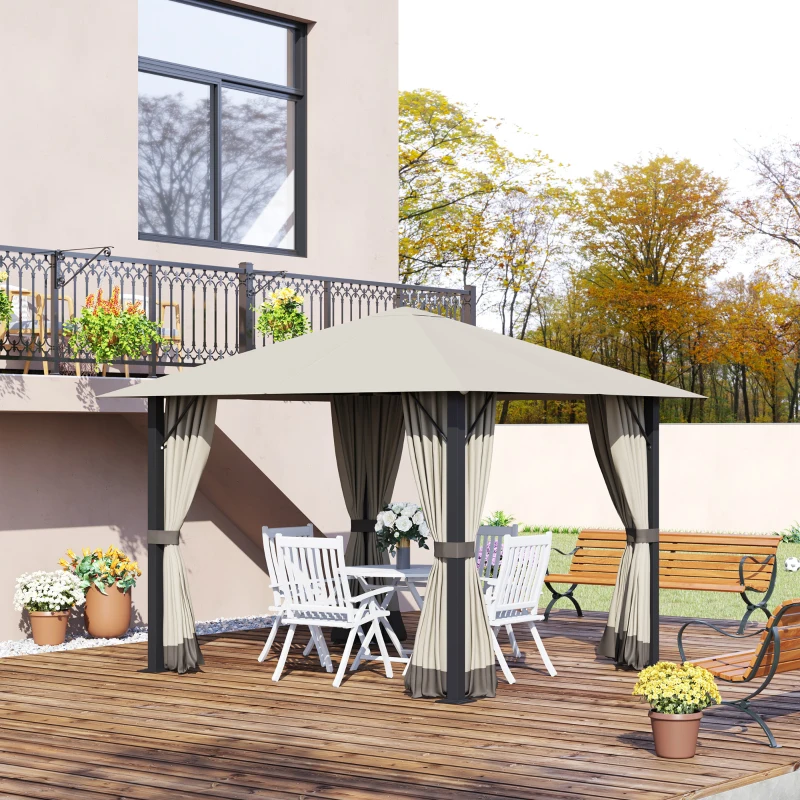 Outsunny 10' x 10' Patio Gazebo Aluminum Frame Outdoor Canopy Shelter with Sidewalls, Vented Roof for Garden, Lawn, Backyard, and Deck, Khaki