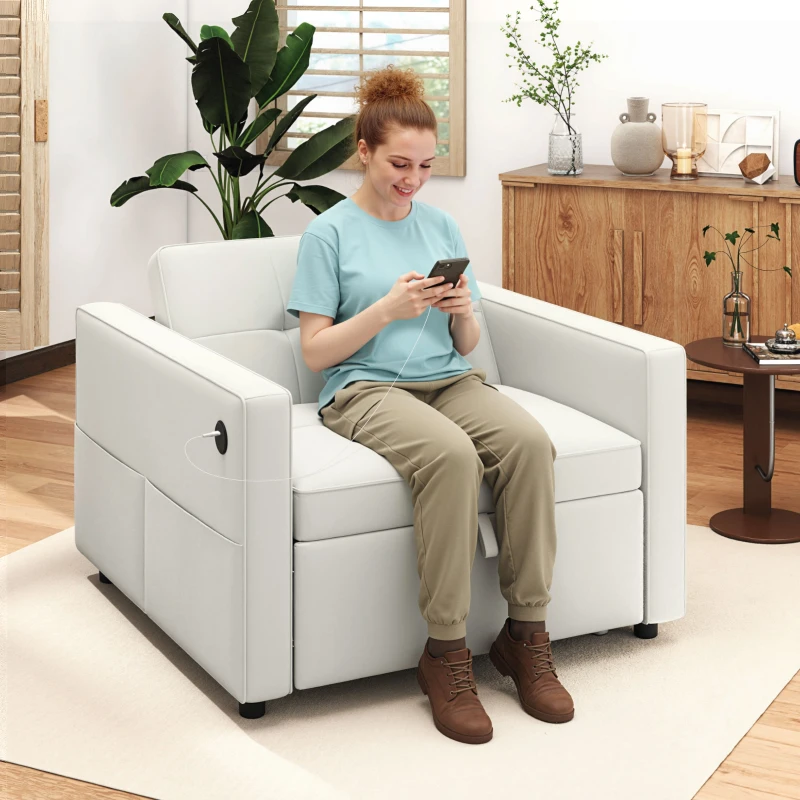 HOMCOM Convertible Chair Bed, Pull Out Sleeper Chair with USB, Adjustable Backrest, Small Velvet Futon Sofa Bed, Cream White
