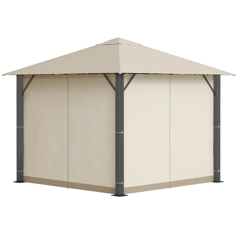 Outsunny 10' x 10' Patio Gazebo Outdoor Aluminum Frame Canopy Shelter with Curtains, Vented Roof for Garden, Lawn, Backyard and Deck, Khaki