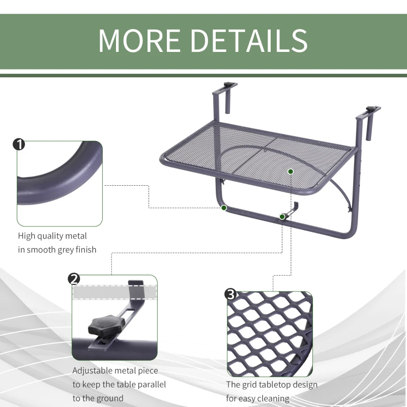 Outsunny Adjustable Balcony Hanging Railing Table, Metal Mounting Mini Wall Desk Storage Rack, Outdoor Flower Stand Serving Table Rectangle, Grey