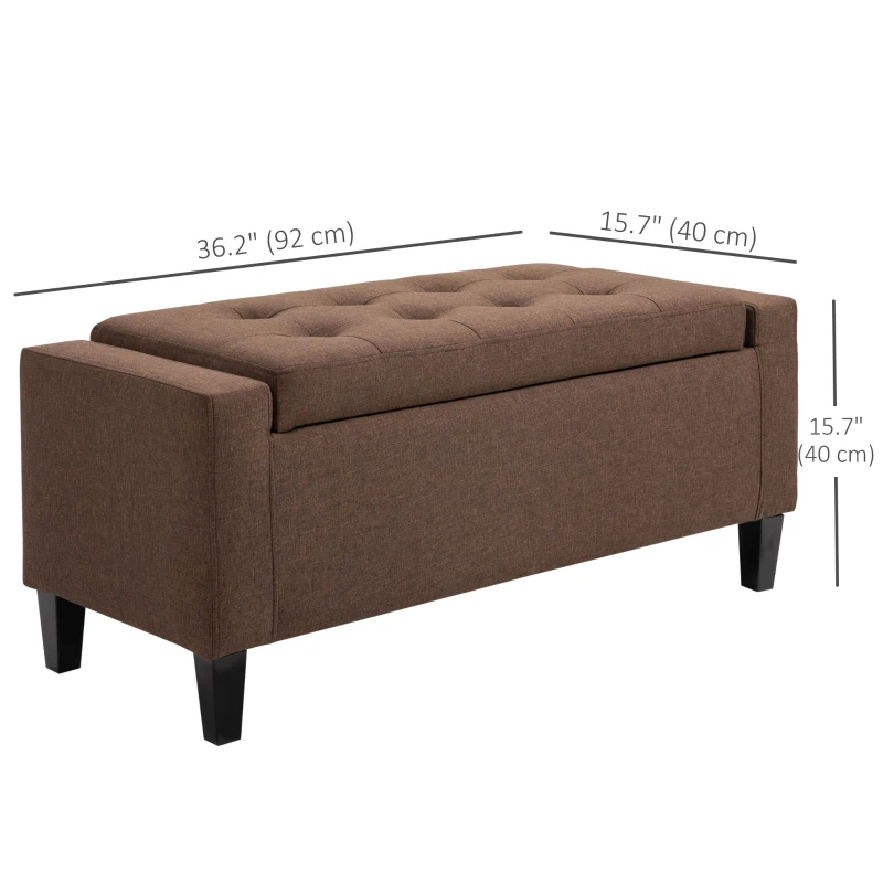 HOMCOM Storage Ottoman Bench, Linen Upholstered Bench with Tufted Design, Brown
