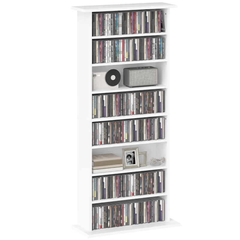 HOMCOM 8-Tier DVD Shelf with 6 Adjustable Shelves, Slim CD Shelf, Holds 360 CDs, 185 DVDs or 185 Blu-rays, White