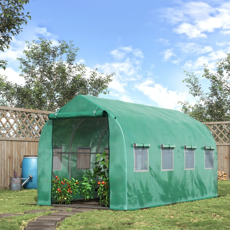 Outsunny 13' x 6.5' x 6.5' Steeple Walk-in Greenhouse Garden Plant Seed Grow Tent Polytennel with Windows and Door Green