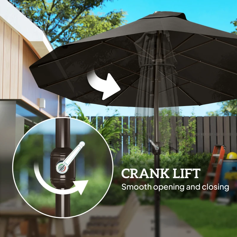 Outsunny 15' Outdoor Patio Umbrella with Twin Canopy Sunshade Steel Table Umbrella with Lift Crank, Cross base, Sandbag, Dark Grey