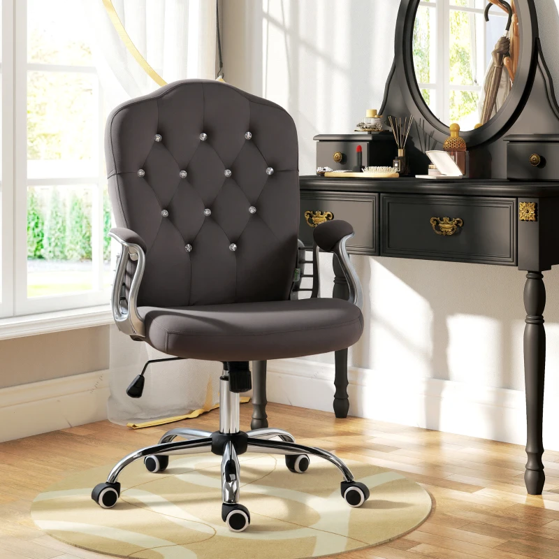 Vinsetto Office Chair, Velvet Computer Chair, Button Tufted Desk Chair with Swivel Wheels, Adjustable Height, Tilt Function, Dark Grey