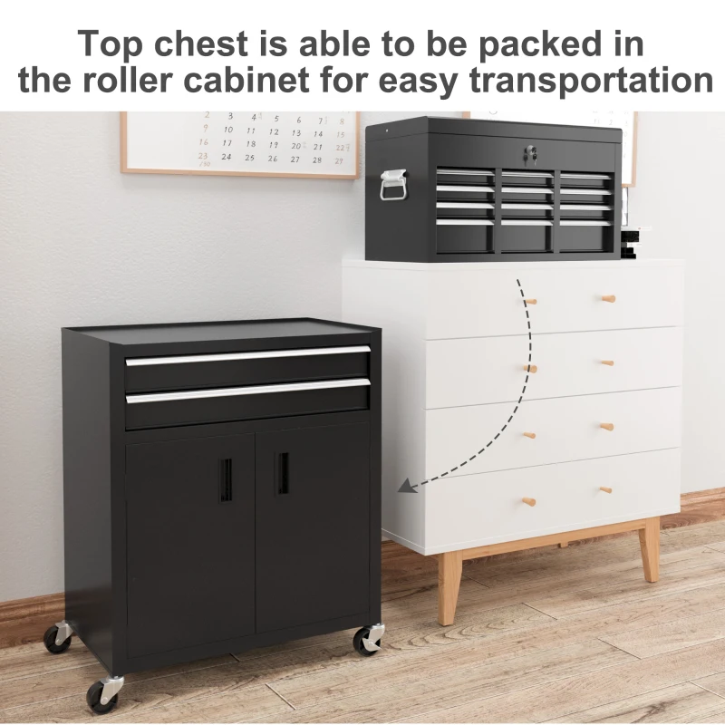 HOMCOM 6-Drawer Rolling Tool Chest, 2 in 1 Lockable Storage Cabinet with Hooks, Metal Tool Box for Garage, Workshop, Black