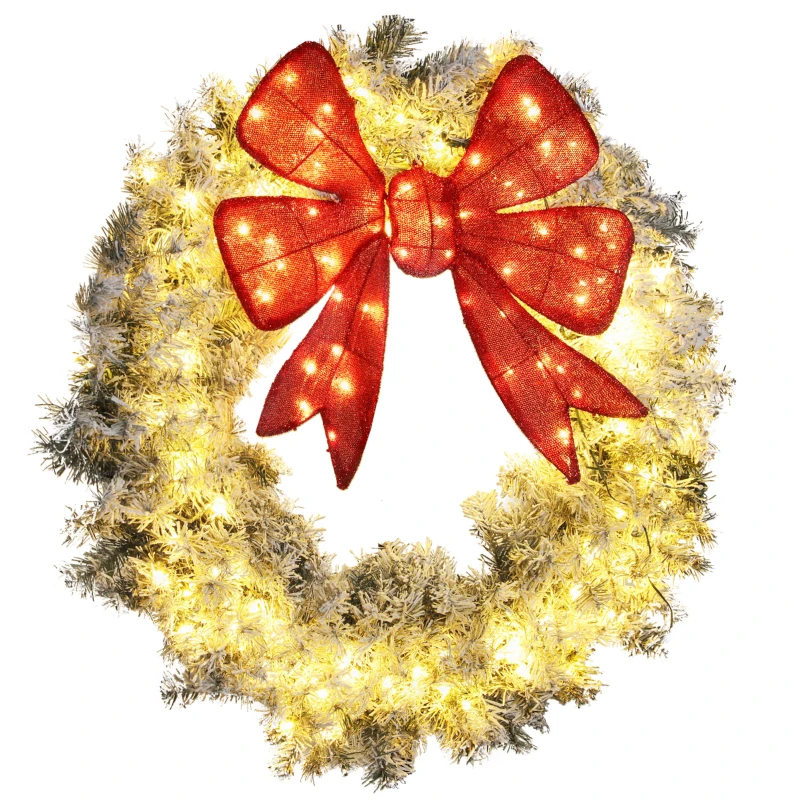 HOMCOM 36in Flocked Pre-Lit Christmas Wreath with 3D Red Bow, 11 Lighting Modes, Front Door Christmas Wreath with Remote