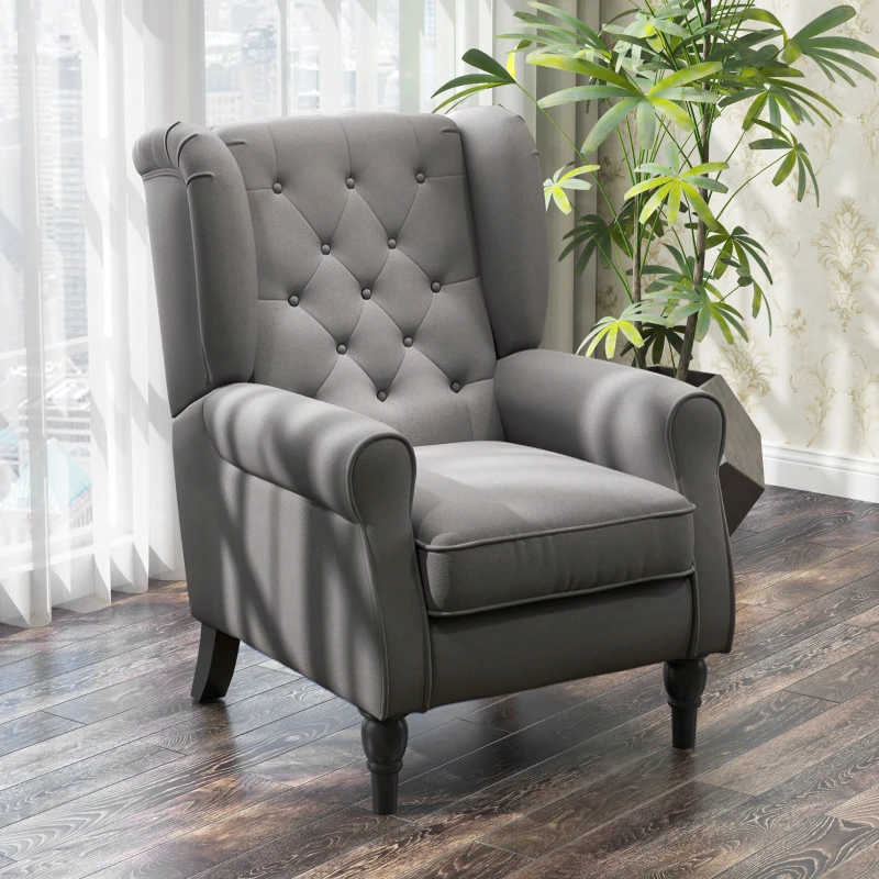 HOMCOM Fabric Accent Chair, Button Tufted Armchair, Armchair with Wood Legs, Thick Padding for Bedroom, Charcoal Grey