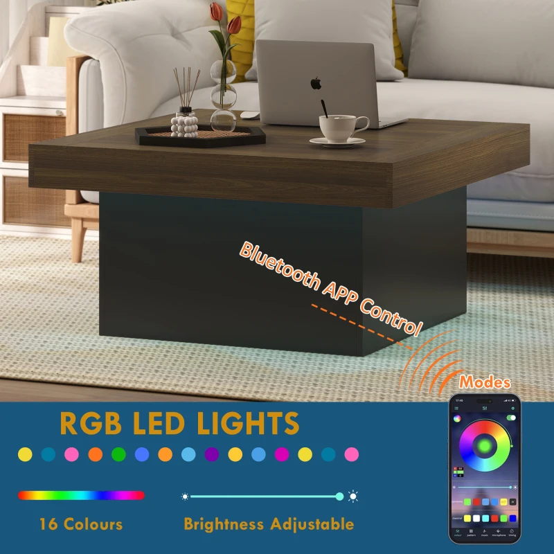 HOMCOM Square Coffee Table with 16-Colour LED Lights, 35-inch Modern Center Table for Living Room, Walnut