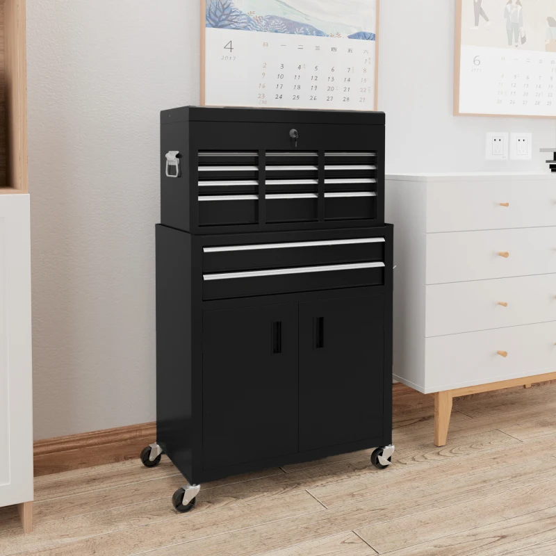 HOMCOM 6-Drawer Rolling Tool Chest, 2 in 1 Lockable Storage Cabinet with Hooks, Metal Tool Box for Garage, Workshop, Black