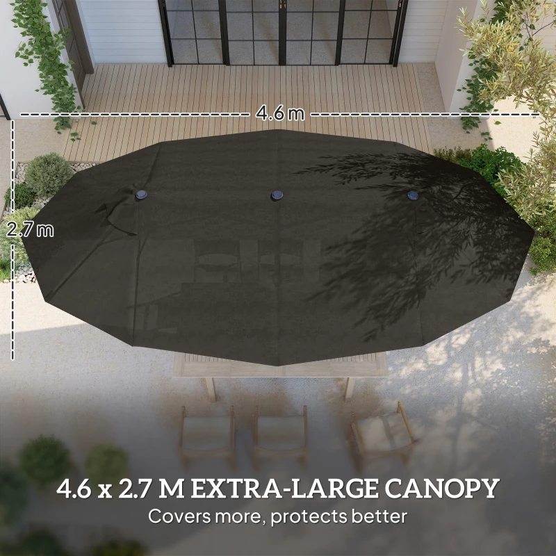 Outsunny 15' Outdoor Patio Umbrella with Twin Canopy Sunshade Steel Table Umbrella with Lift Crank, Cross base, Sandbag, Dark Grey