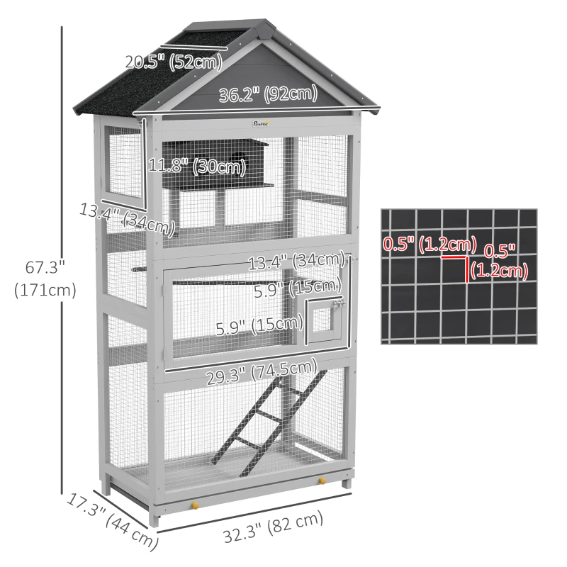 PawHut Wooden Bird Cage with Perches, Bird House, Ladder, Slide-Out Tray for Finches, Parakeets, Small Birds, Grey
