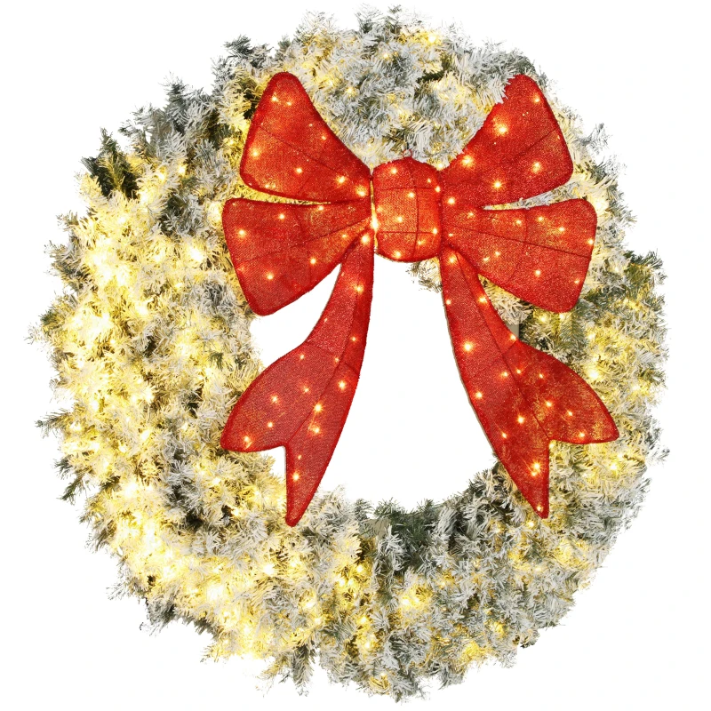 HOMCOM 60in Flocked Pre-Lit Christmas Wreath with 3D Red Bow, 11 Lighting Modes, Front Door Christmas Wreath with Remote