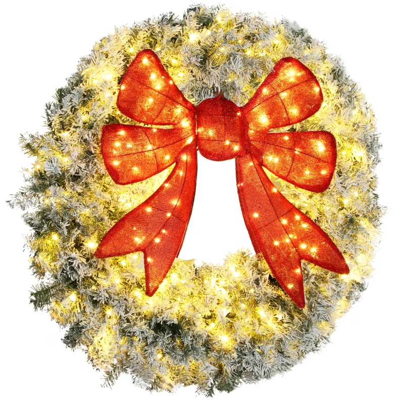 HOMCOM 48in Flocked Pre-Lit Christmas Wreath with 3D Red Bow, 11 Lighting Modes, Front Door Christmas Wreath with Remote