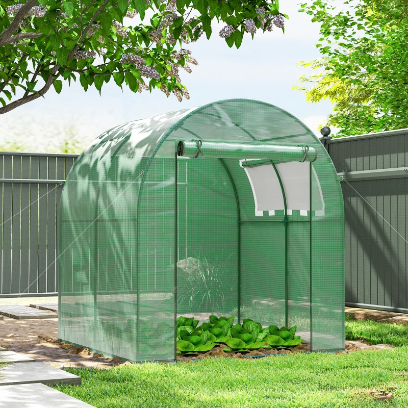 Outsunny 6' x 6' x 6.6' Walk-in Greenhouse, Tunnel Green House with Zippered Door, Roll-up Window, PE Cover, Steel Frame, Green